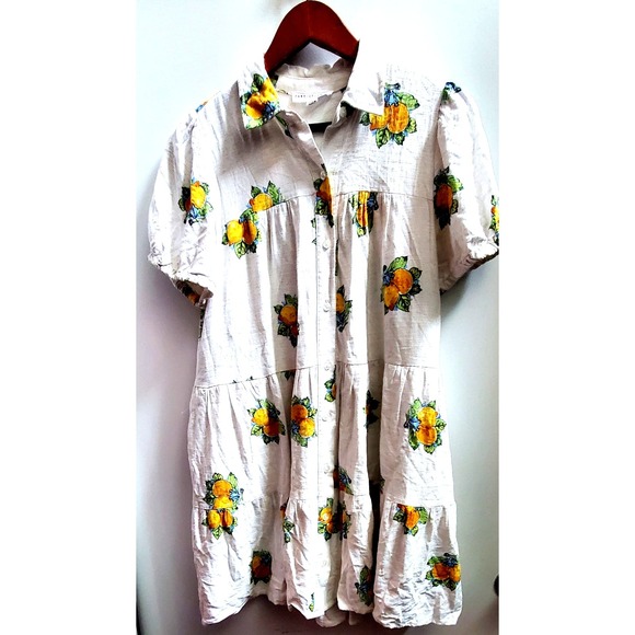 Jane & Delancey M Dress Citrus Flax Print Puff Sleeve Button Up Rayon/Linen Mix - Picture 3 of 9